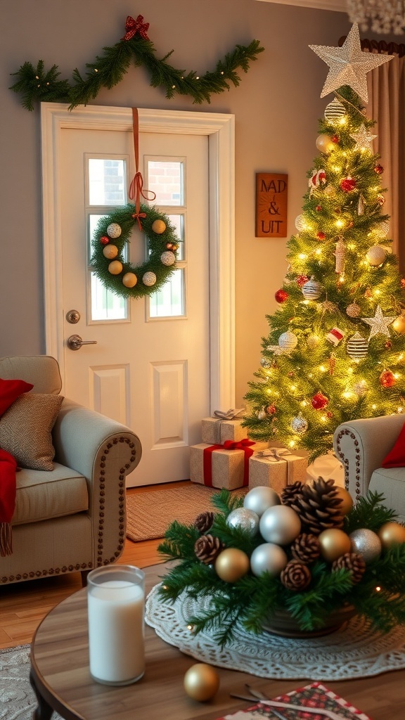 A festive living room with a Christmas tree, DIY decorations, and a cozy atmosphere.